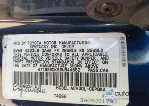 2003 Toyota Camry Xle from USA, damaged, VIN 4T1BE30K93U644862